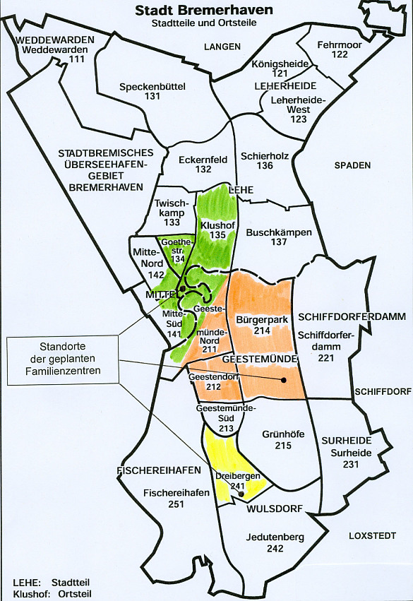 Standorte der geplanten Familienzentren in Bremerhaven